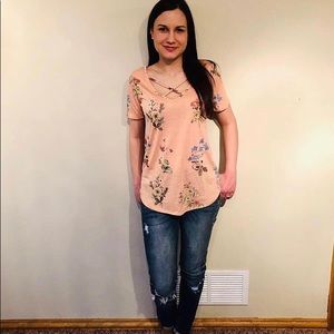 NWT floral print criss-cross front tee (S,M, or L)